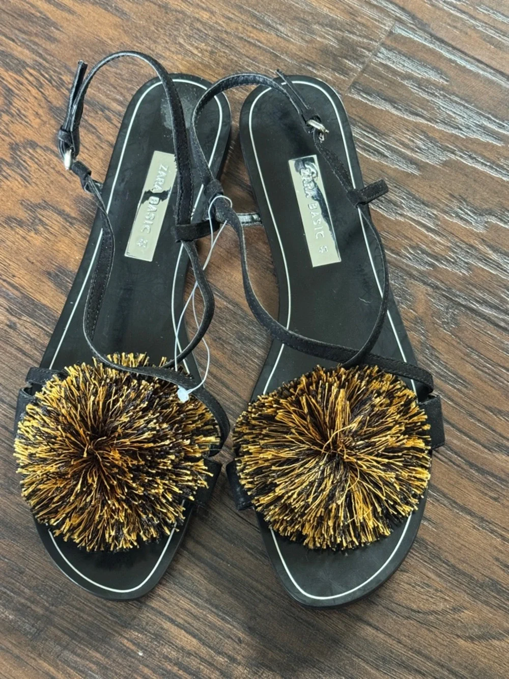 Zara Black Sandals with Metallic Gold Pom Detail - Picture 5 of 11